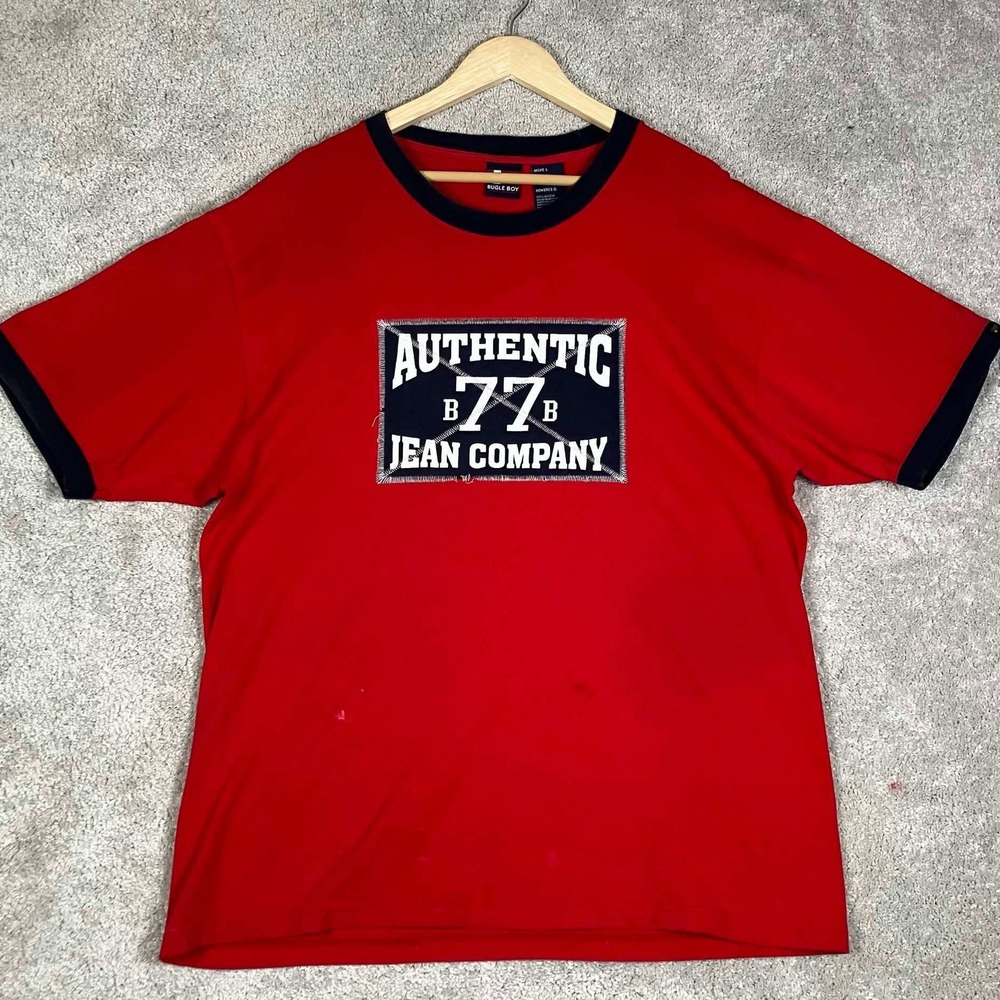 Vintage Bugle Boy Ringer Shirt Mens Large Red Authentic 77 Jean Company Patch